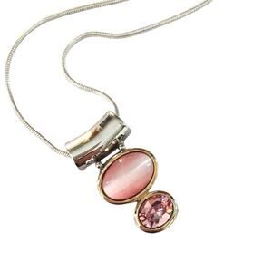 Bright silver tone with pink cat's eye and rhinestone pendant necklace